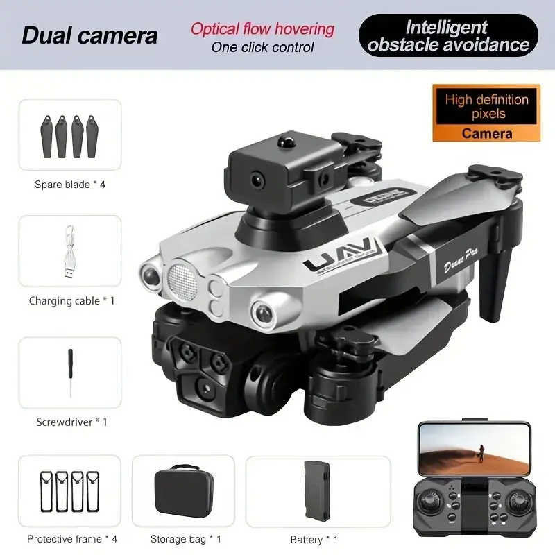 Foldable Silver Dual-Camera Drone for HD Aerial Photography, with Optical-Flow Hovering, Intelligent Obstacle-Avoidance, 1-Key Operation, Beginner-Friendly Sohochic Flight Camera