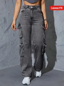 Women's Wide Leg Denim Jeans, Loose Fit Work Pants, Vintage Washed Comfortable Long Pants, Casual All Season Outdoor Wear