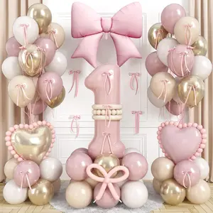 Dusty Pink Balloon Number 1 for 1st Birthday Decorations Girls, Blush Baby Pink Gold White Sand Latex Balloons with Bow Heart Foil Balloons for Boho First 1 Year Old Birthday Anniversary Party Decor