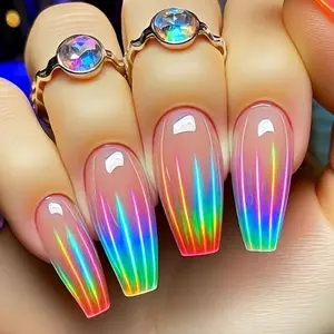 Gradient Iridescent Glittering Fake Nails, 24pcs/box Removable False Nails for Women Girls Nail Art, Nail Tips Art, Effortless Press on Nails Set