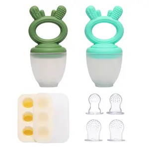 Baby Fruit Feeder Pacifier 2 Pack, Joyfulia Sunnydeer Food Feeder with Mini Freezer Tray BPA Free Silicone Mesh for Teething Relief 4 Food Pouches Safe Self Feeding