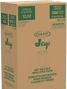 Dart 12 oz Insulated Foam Hot/Cold Cup 12J12 1000 Count Dual Use 40 Packs of 25 White Cups for Coffee Tea Soda Comfortable Hold No Leaks ( Pack of 3 )