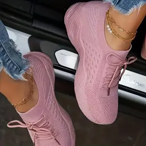 Women's Running Shoes Tennis Shoes Lightweight Breathable Women's Sneakers - Comfortable Mesh Lace-up Sneakers, Pink Textured Knit Upper, Cushioned Insole,Durable PU Sole, Casual Sports Design, Suitable for All-day Wear, Runner Athletic Trainer