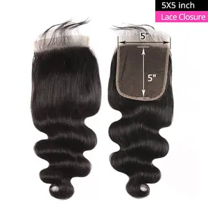 PerisModa 5x5 HD Ultra-thin Transparent Lace Closure Straight/Body Wave/Water Wave/Yaki Straight/Deep Curly 12A Brazilian Virgin Human Hair Closure Free Part Pre Plucked With Baby Hair Natural Black
