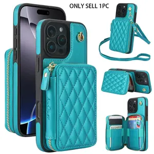 Fashionable Quilted Pattern Zipper Smartphone Case with Card Slot & Adjustable Hand Strap, Protective PU Leather Phone Cases for iPhone 17 Pro Max 17 Air  16 Pro Max 15 Plus 14 Plus 13 12,11 Cover, Protection