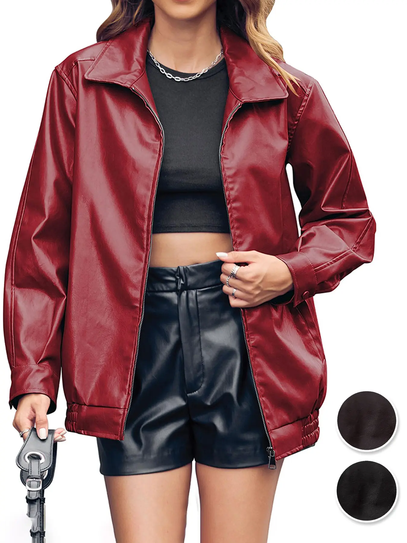 Renaishow Women's Oversized Collared Faux Leather Bomber Coat - Lightweight Longsleeves, Solid Zip-Up, Elegance-Focused 1-Piece Warm Top for Fall Winter Casual Wear, Fitted Outerwear to Match Jeans (T-Shirt Layer-Friendly), Jackets Zip Up, Style, Dressy,