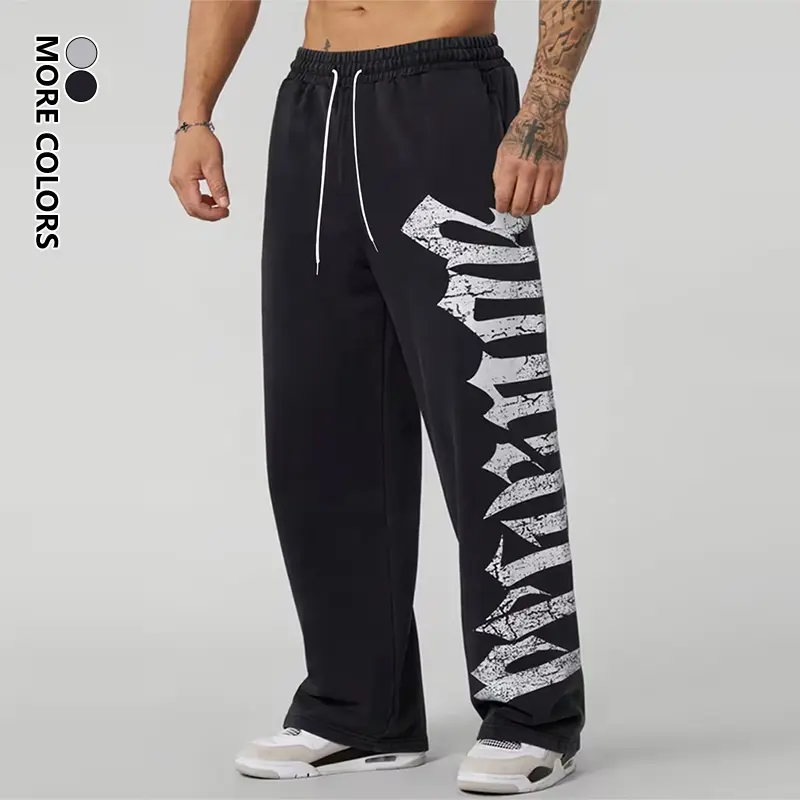 Male Gothic Style Colorblock Polyester Long Straight Baggy Drawstring Pants, Letter Graphic Print Sweatpants with Adjustable Waist, Loose Wide-Leg Bottoms for Outdoor Daily Wear All Seasons