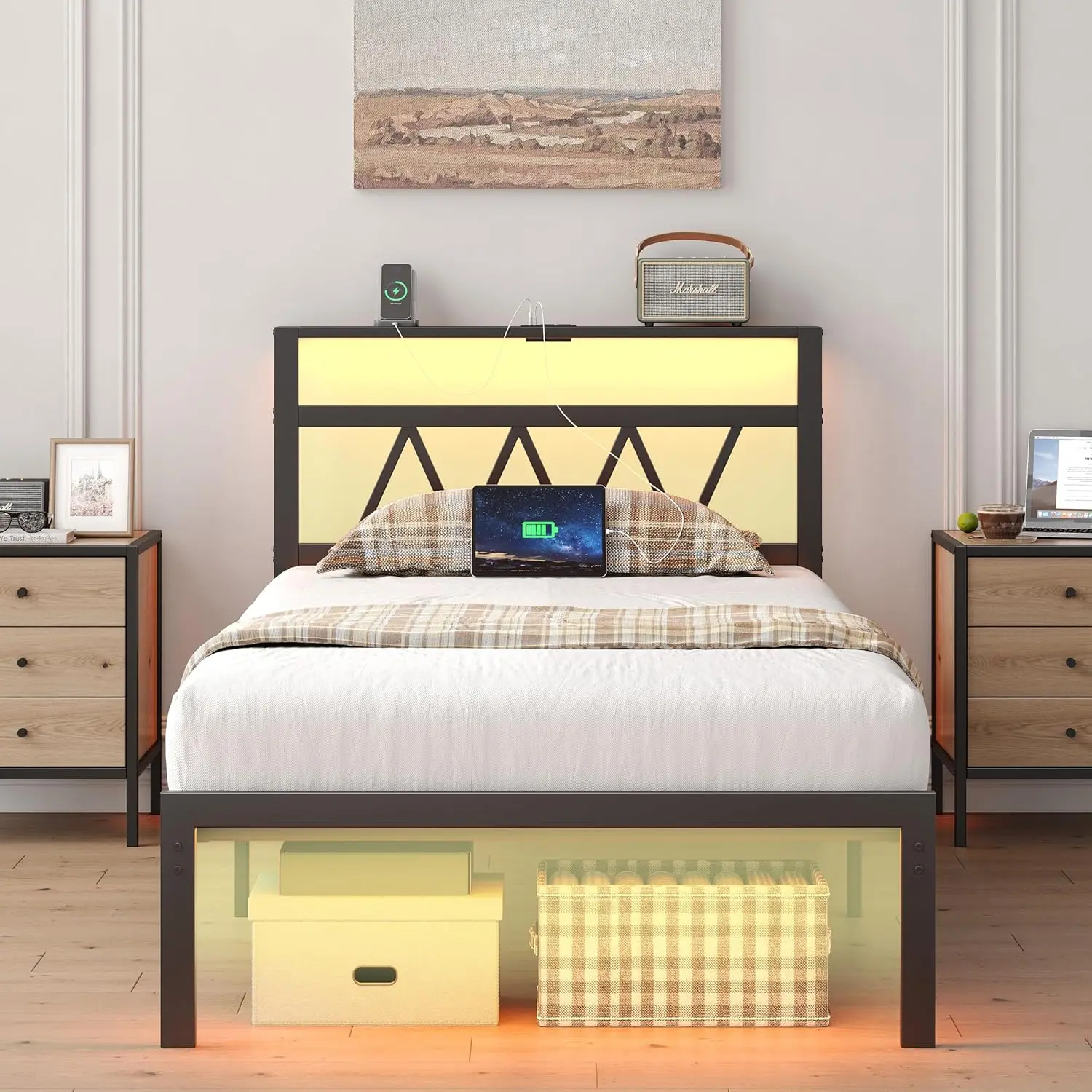 White LED Bedframe with Smart LED Lights, Storage Headboard, USB Charging Station, Sturdy Platform Bed with Wood Slats, No Box Spring Needed, Noise-Free, Easy Assembly, Bed Frames
