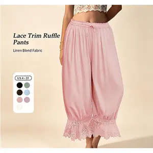 Women Linen Blend Lace Trim Long Bloomers Pants Ruffle Vintage Pantaloons Summer Beach Travel Vacation Cute Boho Pants with Pockets summervibes
