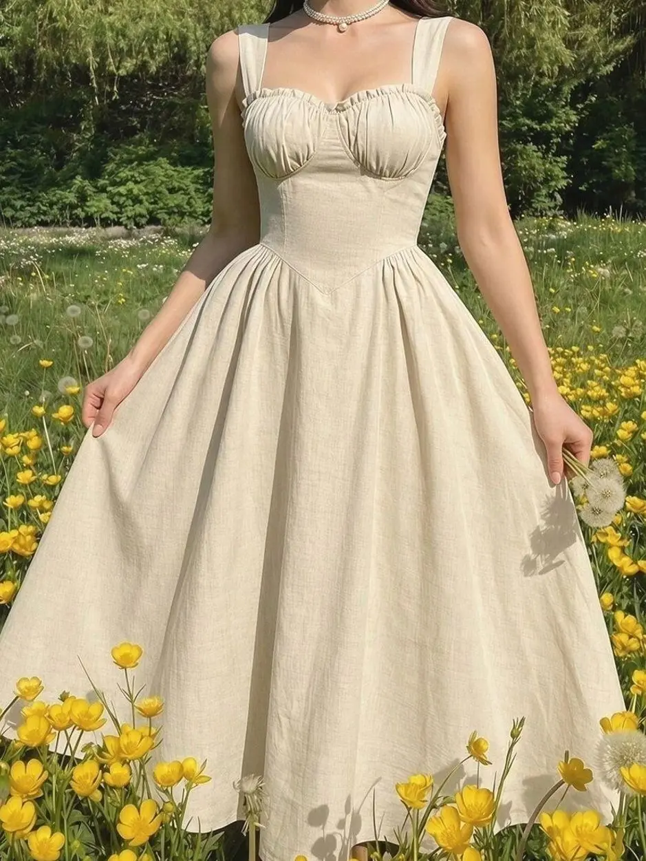 Women's Sweetheart Neck Midi Dress, Vintage Retro A-Line Party Dress with Pockets, Ruched Floral Hem for Wedding Guest, Christmas & Holiday Events
