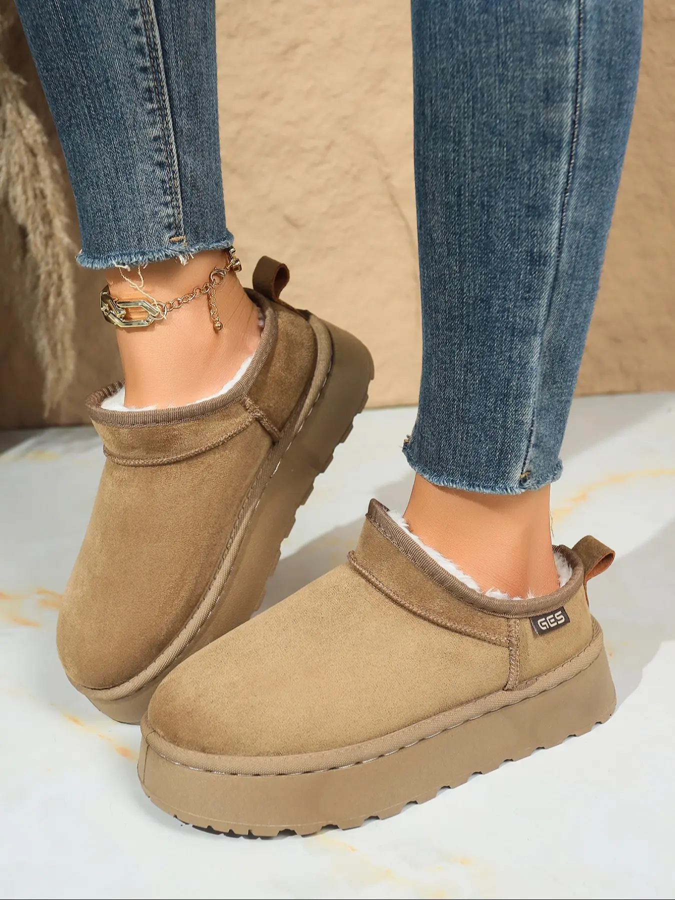 Women's Winter Ankle Boots, Fashion Boot, Suede Leather with Faux Fur Lining, Waterproof Warm Memory Foam Insole, Slip-On Casual Style, Winter Warm Shoes