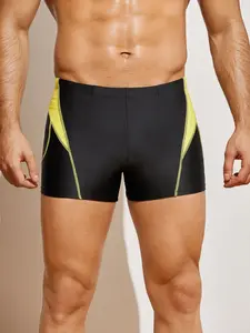 Men's Sporty Plain Swim Trunks, Colorblock Design, High Stretch Quick-Dry, Ideal for Beach Swimming Surfing, Athletic Short Pants