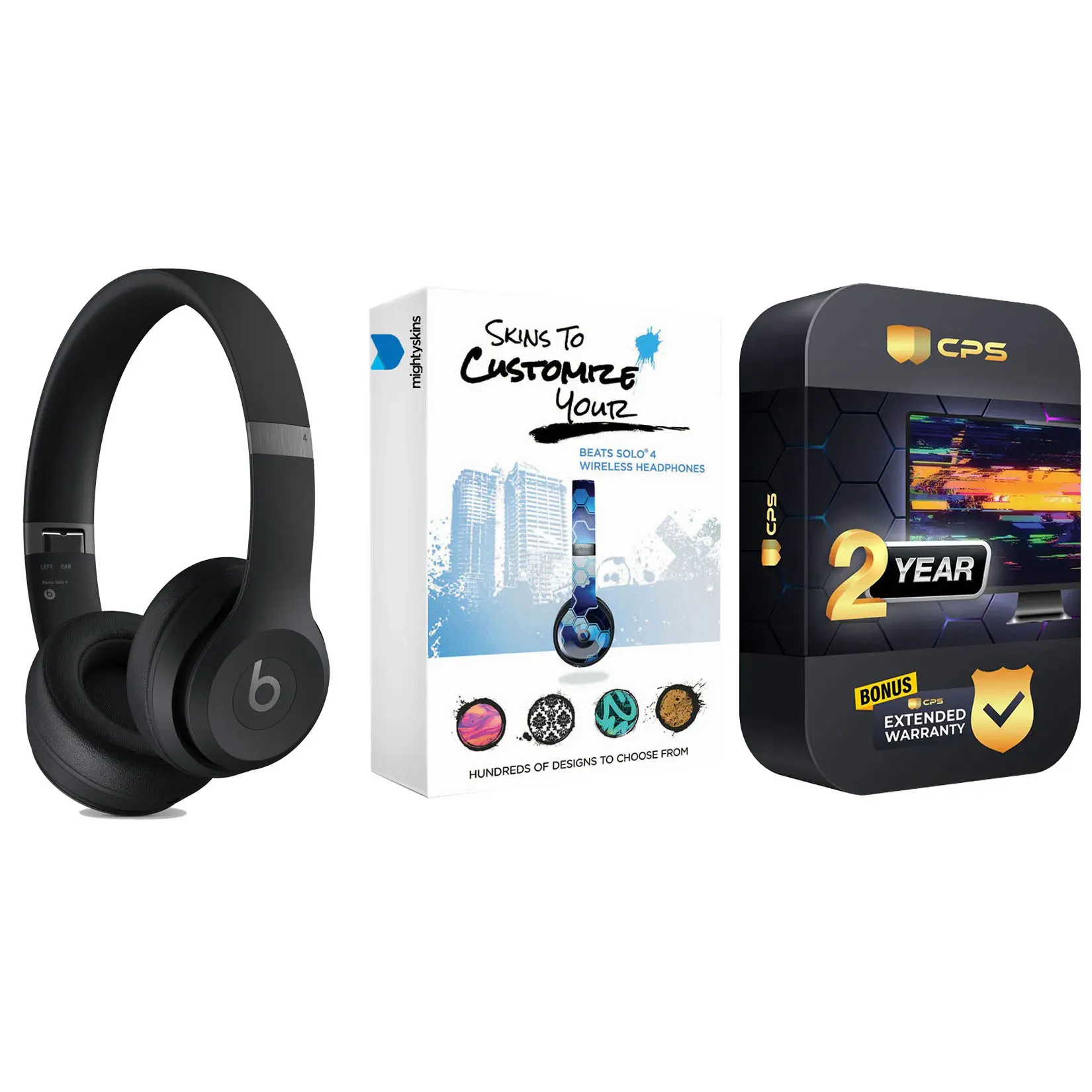 Beats Solo 4 Bluetooth Wireless On-Ear Headphones with MightySkins Protective Skins and 2 Year Extended Warranty Bundle - Matte Black