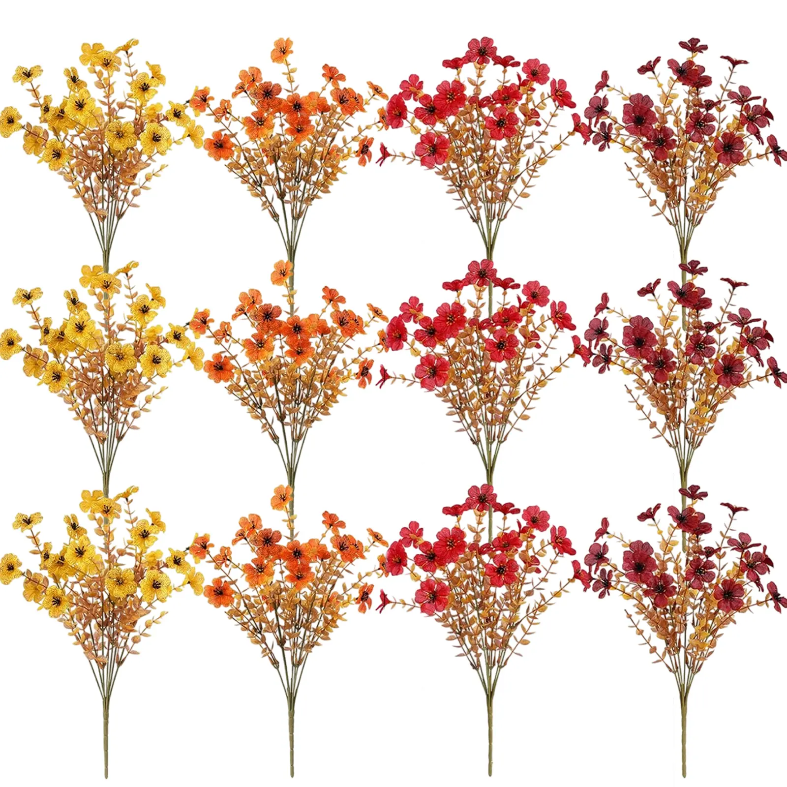 Minimalist matched-color plastic faux flowers, weatherproof bouquet design. Available in 12 or 24 bundles with 4 mixed colors and bendable stems for DIY arrangement. Great outdoor fall decor for porches and home spaces.