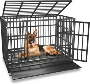 Black Heavy-Duty Metal Steel Dog Cage, Anti-Chew Escape-Proof Design for Small-Medium Dogs