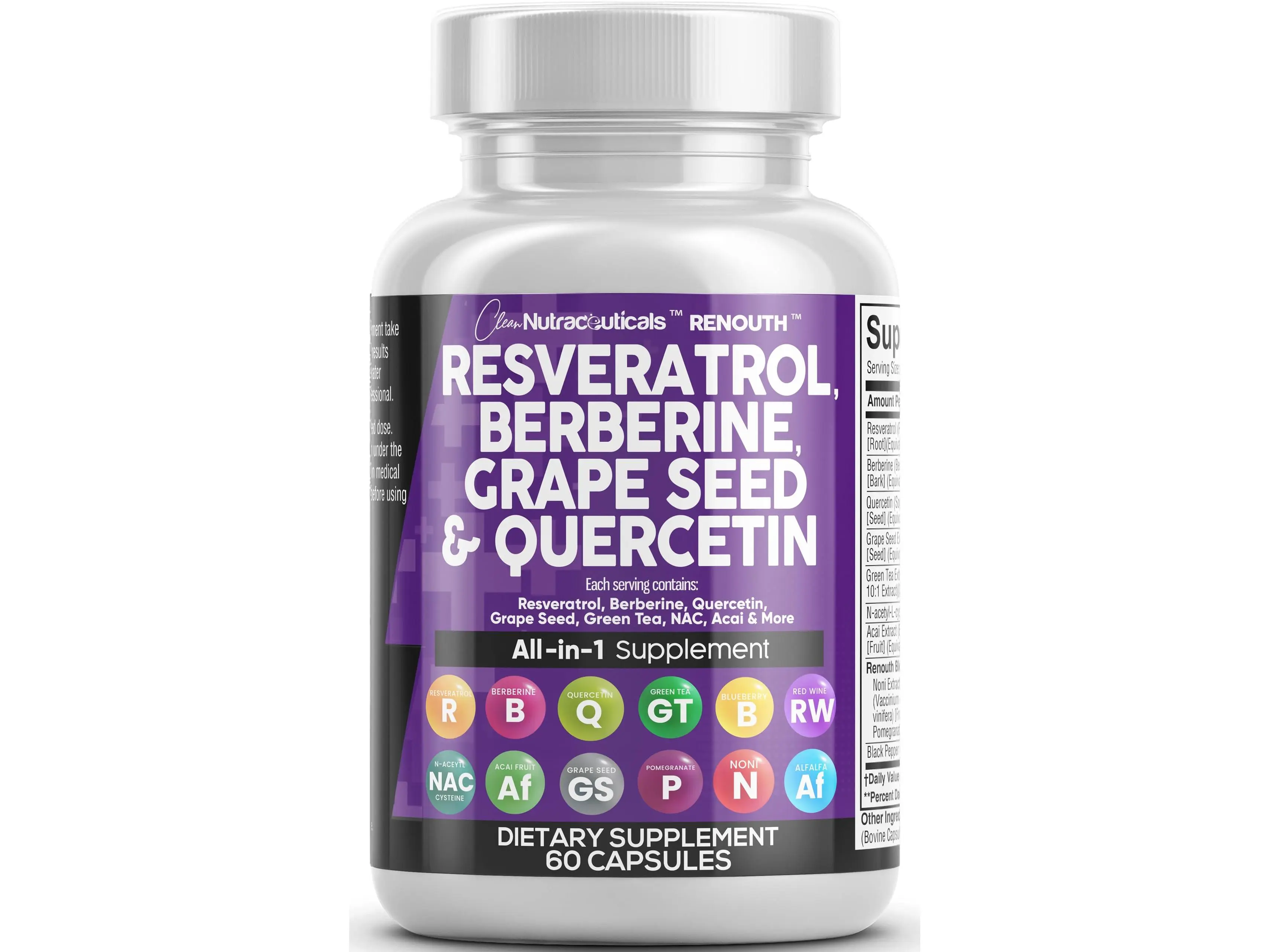 Clean Nutraceuticals Resveratrol, Berberine, Grape Seed, Quercetin, Green Tea Extract & More for Women & Men's Polyphenol Supplement Capsules – Renouth