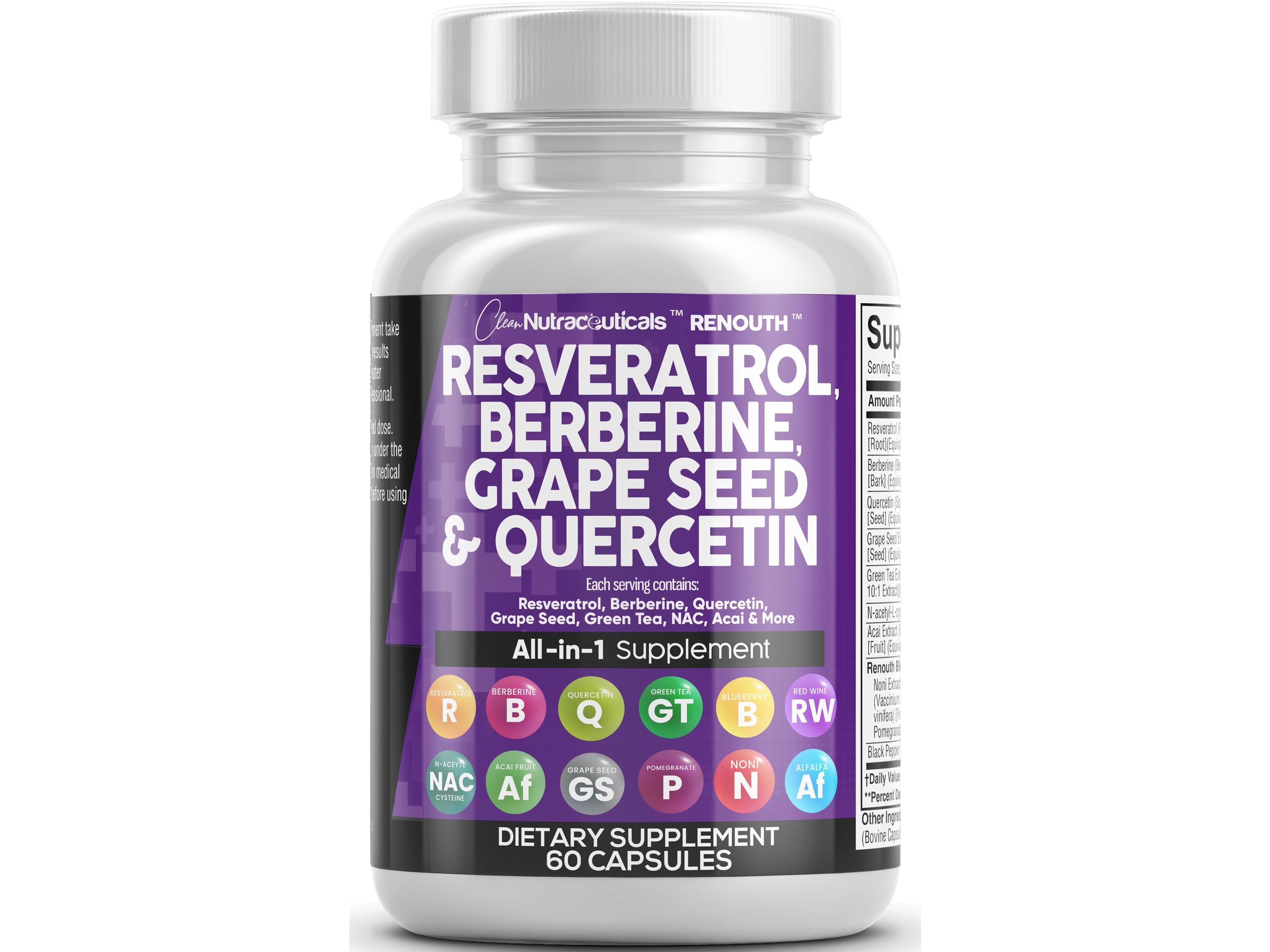 Clean Nutraceuticals Resveratrol, Berberine, Grape Seed, Quercetin, Green Tea Extract & More for Women & Men's Polyphenol Supplement Capsules – Renouth