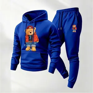 Men's Cute Sports Hip-Hop Bear Sweatpants Set, Menswear, Casual Athletic Long Sleeve Hooded Jacket & Trousers for Fall & Winter, Men's Clothing for Daily Wear, Sportswear Indoor Outdoor, Tracksuit, Athleisure