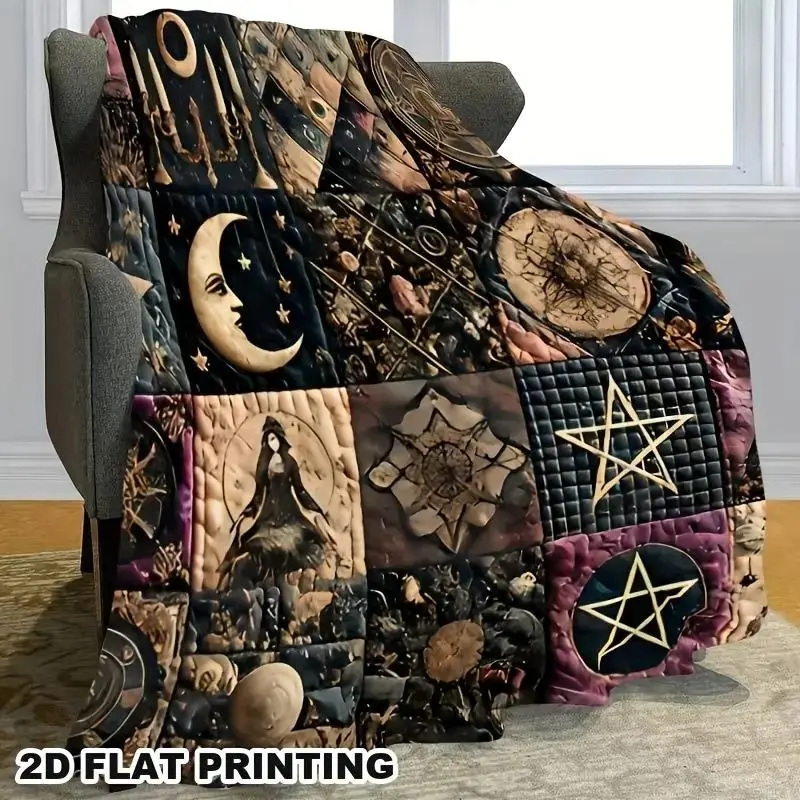 Vintage Gothic Witch Flannel Throw Blanket, Dark Fantasy Moon & Star Pattern Plush Fleece Blanket, Soft Cozy Throw for Bed Sofa Bedroom Decor Gift