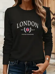 London British Print Long Sleeve T-Shirt, Casual Fitted Christmas Style, Everyday, Spring & Fall Fashion, Women's Graphic Tee, Lady