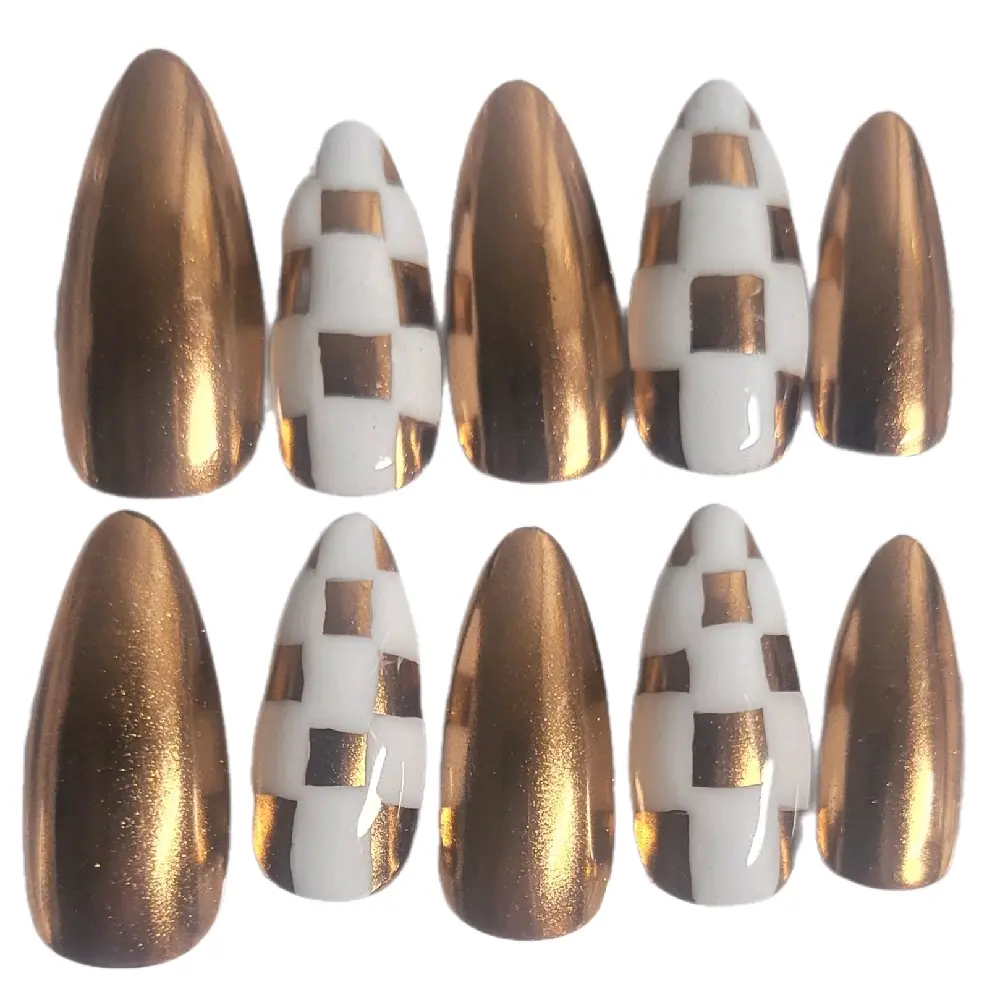Hand painted, metallic bronze gel polish press on nails