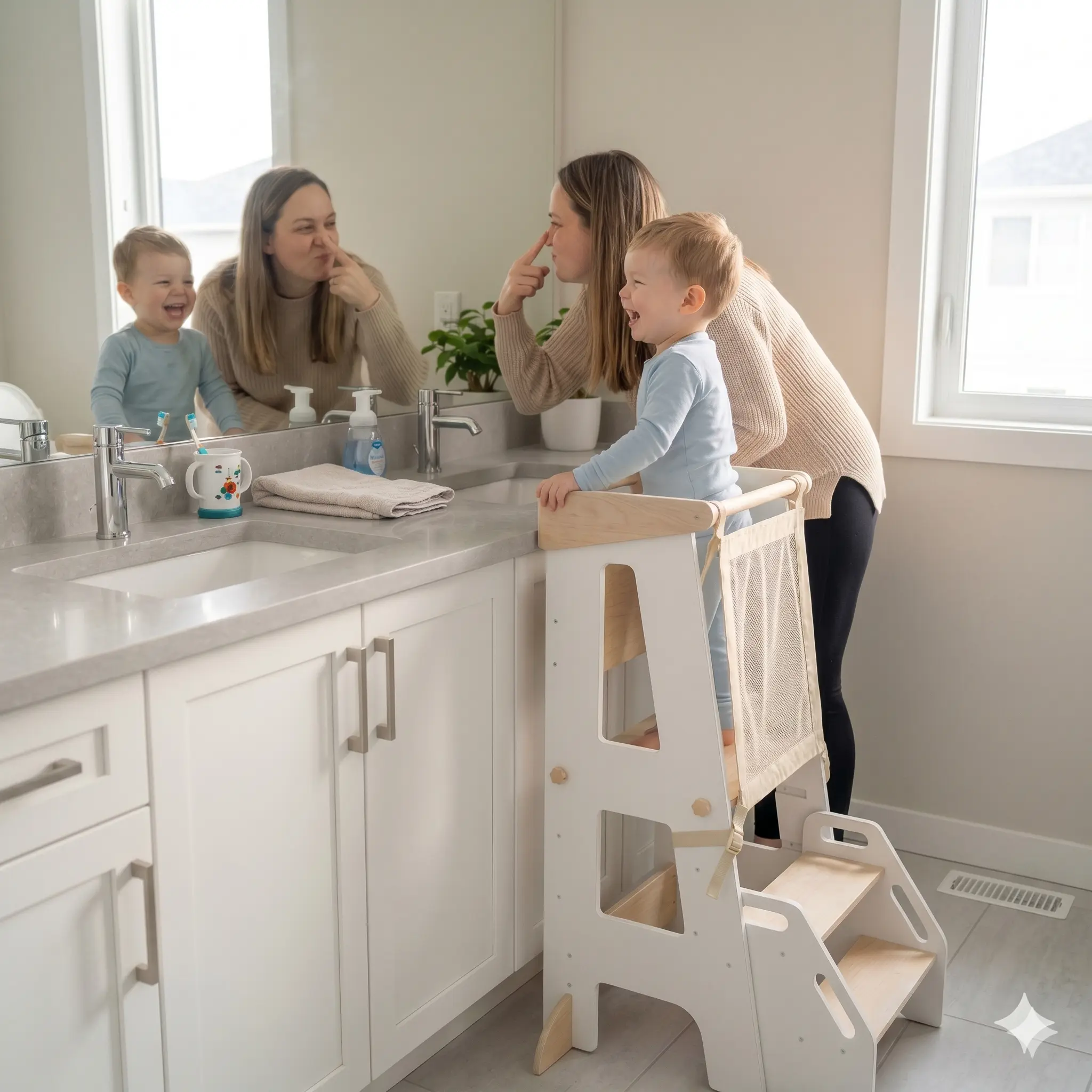 Montessori 2-in-1 Engineered Wood Learning Tower Multifunctional Stool - Tool-Free Adjust Detachable Kitchen Step Stool, 150 lbs Capacity, for 18 Months to 6 Years, Baby Showers/Birthdays Gift