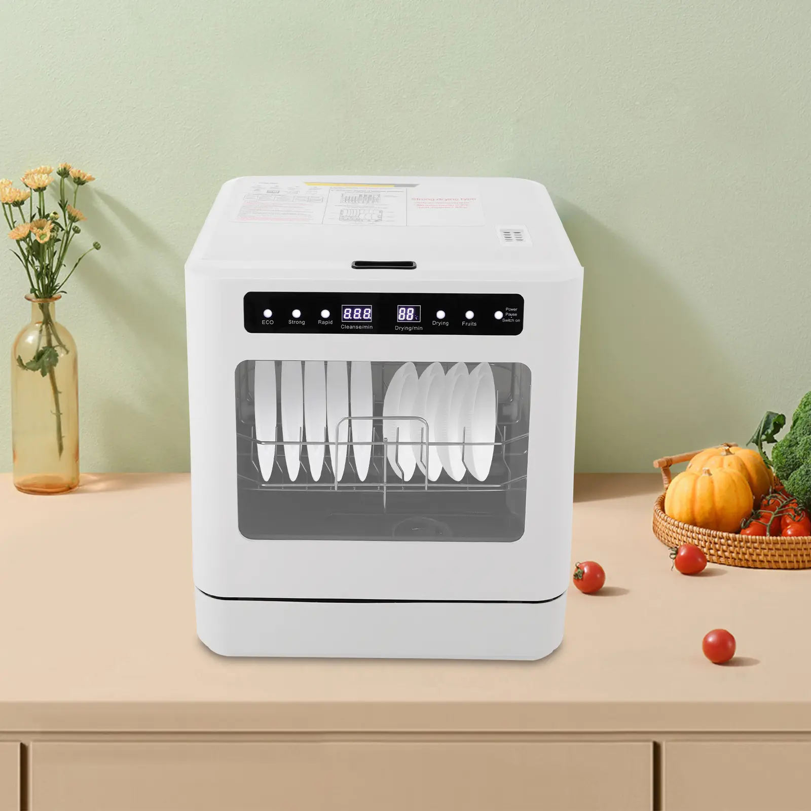 CNCEST 6.8L Rectangular Countertop Dishwasher - Quiet Portable Kitchen Cleaning Appliance for Apartments, 4 Wash Modes, Drying Function, 161°F Sanitization, 52dB Operation, Drain & Inlet Hoses Included