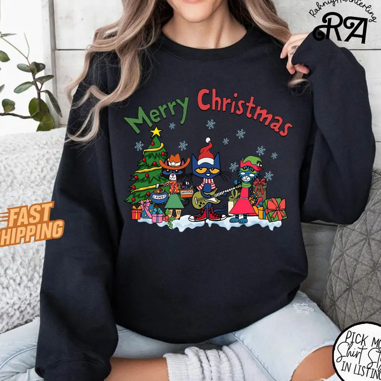 Pete the Cat Christmas Sweatshirt, Making Friends and Memories Holiday Pullover, Cute Festive Cat Family Shirt U