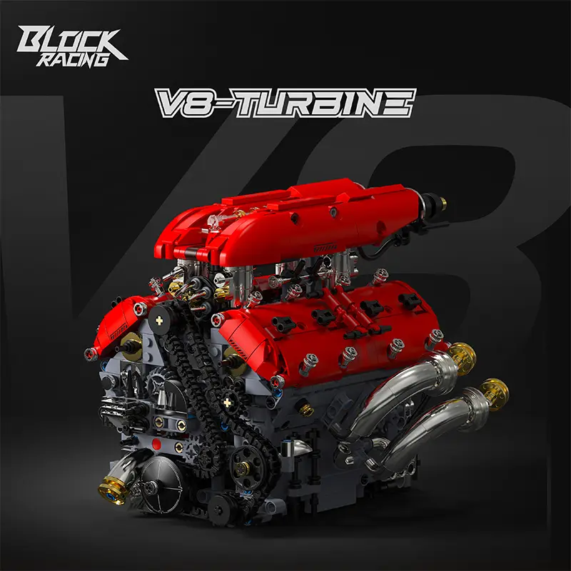 V8-Turbine Engine Technic Construction Set, Realistic Red High-Torque Motor Scale Model with Piston Movement, Chain Transmission, Detailed Components, Mechanical Designs, Unisex DIY Collectibles Kit, Holiday Gift for Engineering Fans