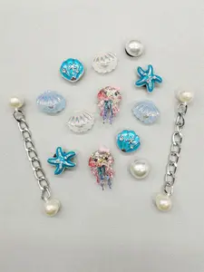 14PCS Ocean Theme Colorful Shell ABS Shoe Chams DIY Chains Decorations, Sparkling Shoe Charms, Bling Rhinestone Starfish Octopus Clogs Shoes Buckles Accessories Removable Faux Beads Shoe Clips Decor Fit Women Bubble Slides Slippers Sandals Garden Shoes