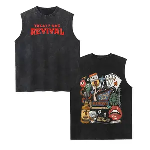 Retro Treaty Oak Revival Washed Tank Top, Gym Essential, Vintage Casual Crewneck Sleeveless Menswear T-shirts Classic Cotton Fabric Streetwear