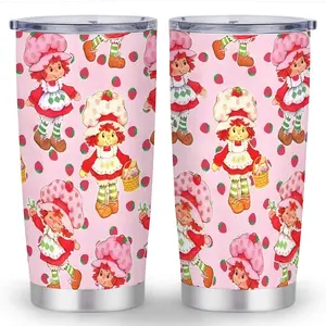 1pc  Strawberry Shortcake Double-Wall Insulated Tumbler - Cute Pink & White Checkered Cup with Strawberry Characters, Spill-Proof Lid,  Perfect Birthday/Valentine's/Thanksgiving Gift