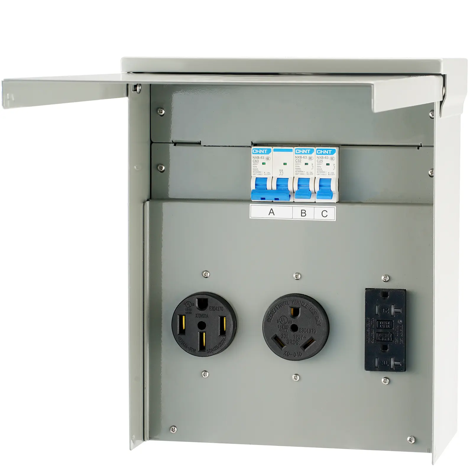 【summerfinds】VEVOR Temporary Power Outlet Panel, , 125/250V, RV Power Outlet Box with a 20/30/50 Amp Receptacle Installed, NEMA 14-50R / NEMA TT-30R / 15A GFCI for RV Camper Trailer Motorhome, Tested to UL Standards