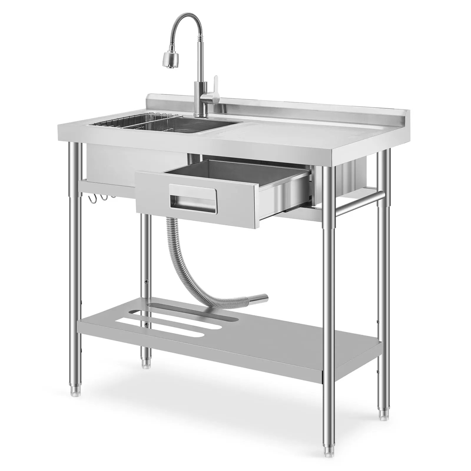 Garvee Stainless Steel Utility Sink - Commercial Single Bowl Prep Sink with Workbench & Drawer, Freestanding Kitchen Sink with Pull-Out Faucet & Storage Shelf, for Garage, Laundry - 39.5 X 19.5 x 38.5 Inch