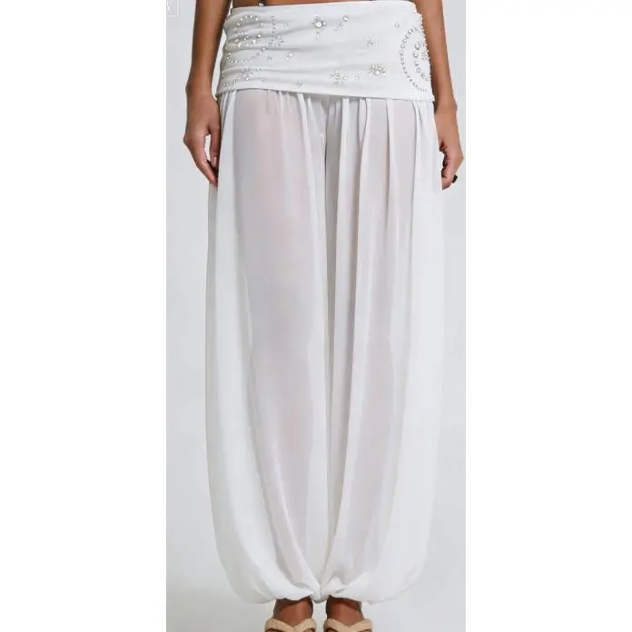 Women's Studded Harem Pants in Sheer Polyester Mesh, Loose-Fitting Balloon Trousers with a Fold-Over Waist, Bottom, Lady, Foldable, Adorn, Perspective Trousers, Size S/M/L/Xl