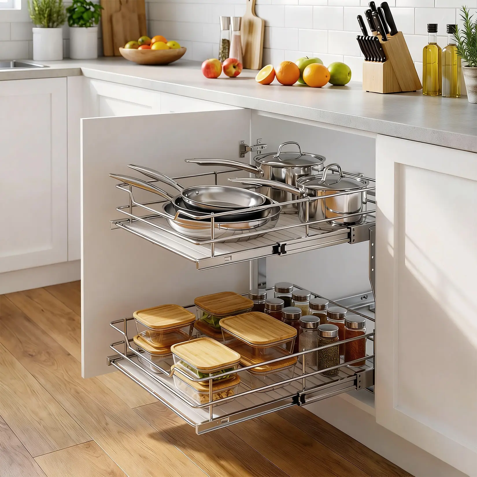 Metal Rectangular Kitchen Cabinet Pull-Out Organiser - 14x21 Inch, Double Layer Slide Rail, Smooth Sliding Drawer, Racks
