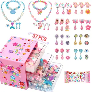 Princess Jewelry for Girls, Matching Jewelry Set, Beaded Bracelet Set, 37pcs/set Adjustable Ring & Bracelet & Pony Head Necklace & Earrings, Kids Play Jewelry for Girls, Great as Princess Party Decoration