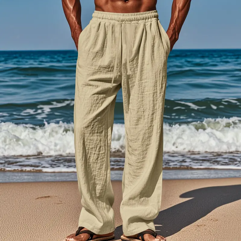 Men’s Summer Lightweight Washed Linen Wide-Leg Casual Pants, Stretch Elastic Drawstring Waist, Deep Side Pockets, Wrinkle-Resistant, No Ironing Needed, Ideal for Beach Vacations & Commuting, Multi-Color Options, Relaxed Long Fit