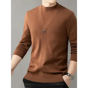 Casual Crew Neck Men's Pullover Sweater with Faux Layered Look - Fall/Winter Knit Fabric, Polyester Blend (Polyester, Acrylic, Viscose, Polyamide), Long Sleeve, Solid Color, Medium Stretch - For Men - Perfect for Fall/Winter - Ideal Gift for Fashionable