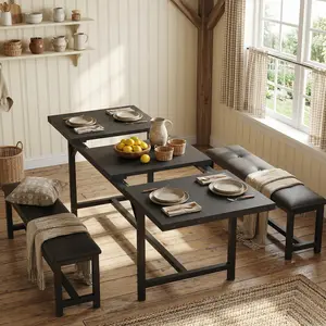 Garvee 5 Piece Extendable Dining Table Set for 4-6, Kitchen Table & 2 Upholstered Benches w/ Metal Corner Protector, Dining Room Table Set for Small Space, Apartment, Easy Assemble, Retro Black
