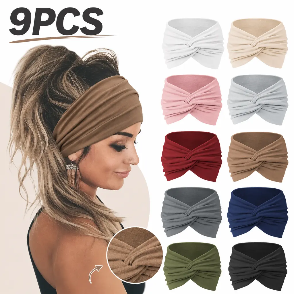 Female 10-Pack 5.1 Inches Wide Cloth Headbands - Turban-Style African Look, Soft Stretch Elastic Non-Slip Hair Accessories for Thick Natural Hair, Ideal for Beach, Everyday Use