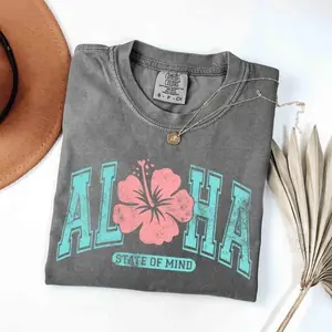 Comfort Colors Vintage Aloha T-shirt, Summer Tshirts, State Of Mind, Varsity Hawaii T-shirt, Hibiscus Flower Tee, Aloha Vacation Apparel Gift