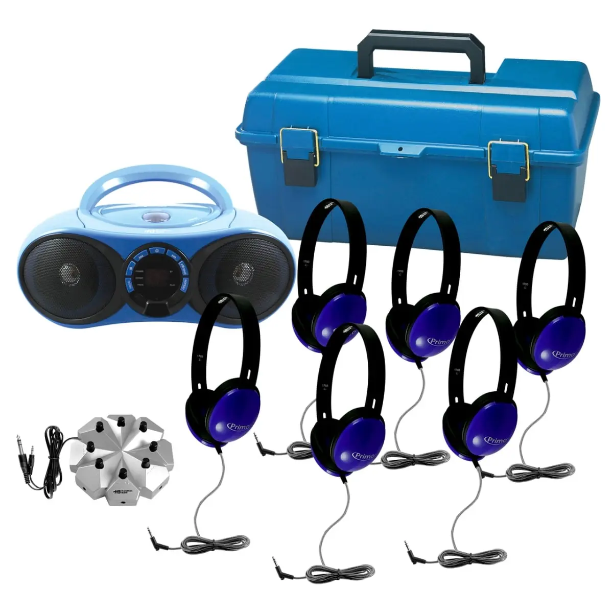 HamiltonBuhl LCMVP1 Compact Bluetooth Boombox Stereo - 6-Station CD & FM Listening Center with Digital Adapter, 3.5mm Jack, HB100BT2 Wireless Headphones for Students (HamiltonElectronics Brand, Blue & Gray)