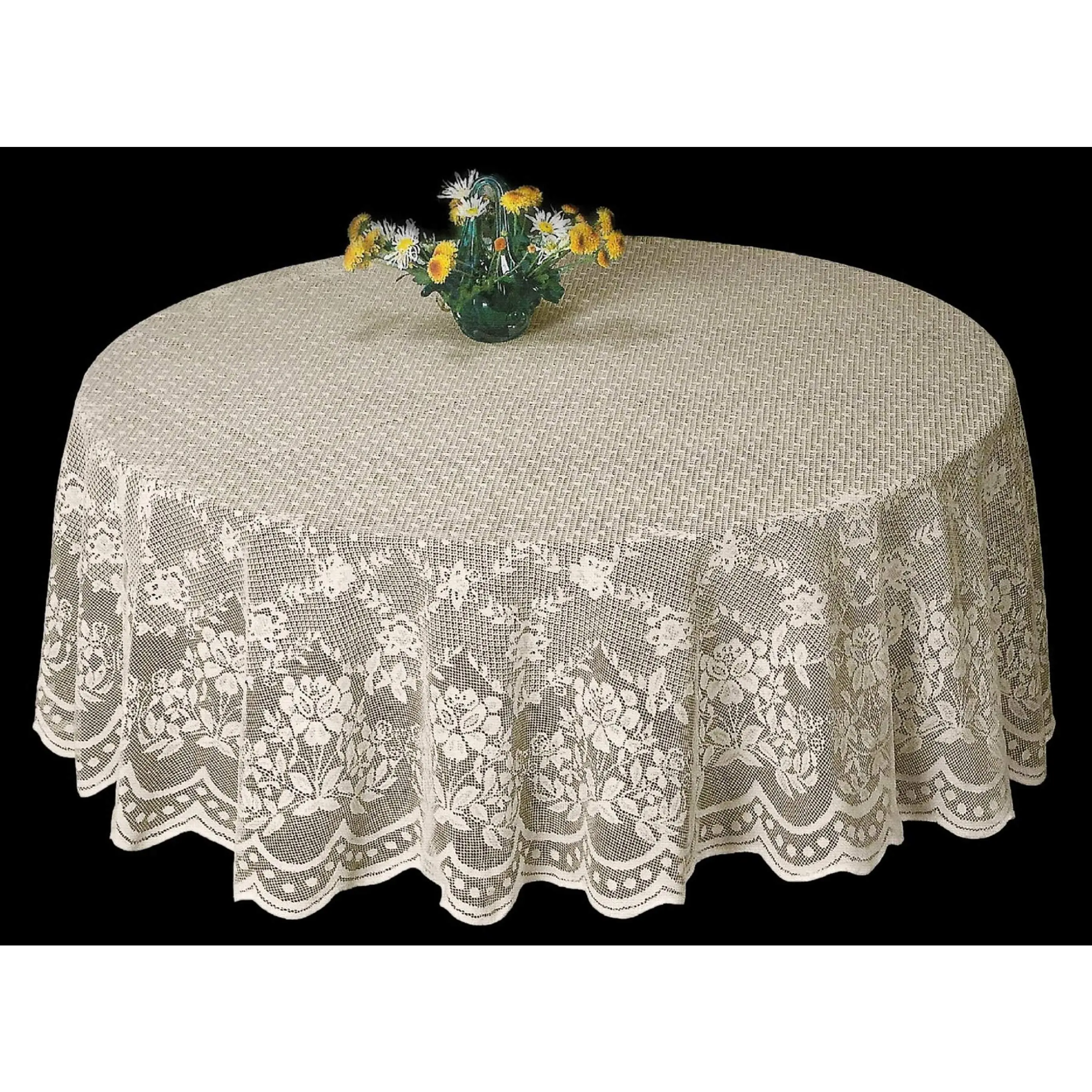 70in Vintage 1-Piece Finished Sewn Floral Lace Round Dinner Tablecloth, 10" Drop Fit, Machine Washable Easy Care, Indoor Use for 4-6 People, 2-Color Options (White,Cream) for Home Dining,Weddings