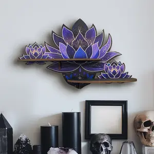 FNYDOX 1pc of Wooden Floating Shelves, Fnydox Purple Lotus Crystal Display Shelf for Wall, Wicca Style Wall Decoration, Rock Gem Stone Storage Organizer, Essential Oil Holder Hanging Case, Meditation Art Spiritual Present.