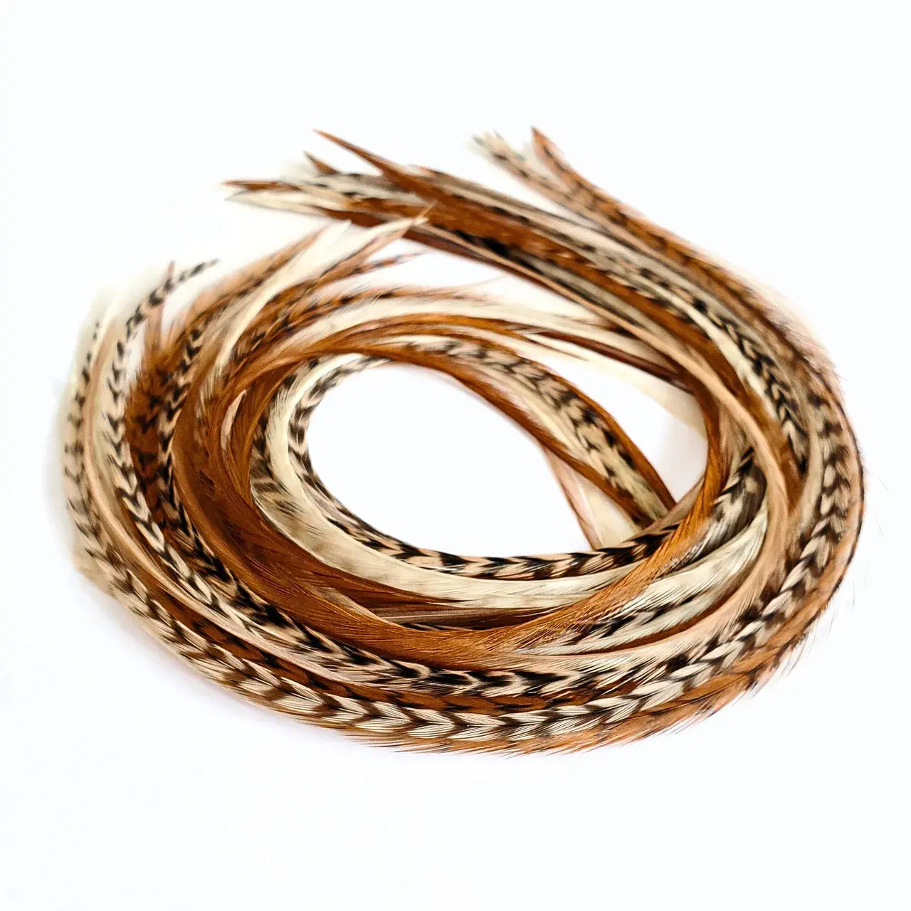 Long Hair Feather Extensions – Natural Brown, Tan & Cream Mix – Tan Fannies