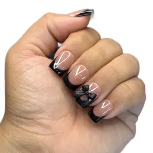 Black French Tip Press On Nails High Quality with Unique Charms & 4 Length Options for Personalized Style