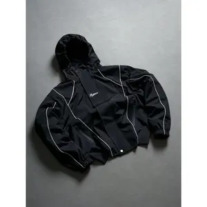Men's Black Streetwear Hooded Jacket with Embroidered Logo, Lightweight Zip Up Windbreaker Coat for Men, Urban Casual Sports Jacket with Pockets, Trendy Techwear Outerwear for Spring, Fall & Daily Wear.