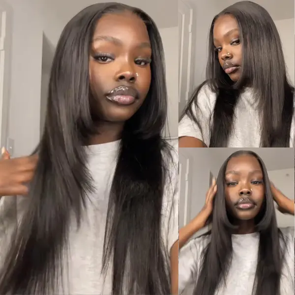 Amanda Hair Glueless Butterfly Layered Straight YaKi Haircut Lace Closure Silky Straight Wigs Silky Burmese Human Hair Wigs Throw On & Go Workout Wigs #SummerVibes