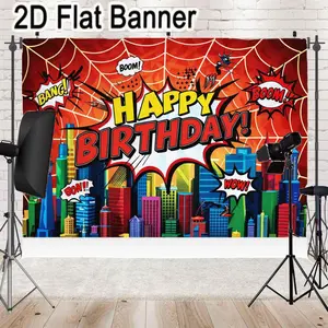 2D flat banner, 1pcComic Book Spider-Man Happy Birthday Banner, Superhero Cityscape Party Decor, Dynamic Speech Bubbles Party Backdrop for Kids’ Hero Themed Birthday Party Decoration